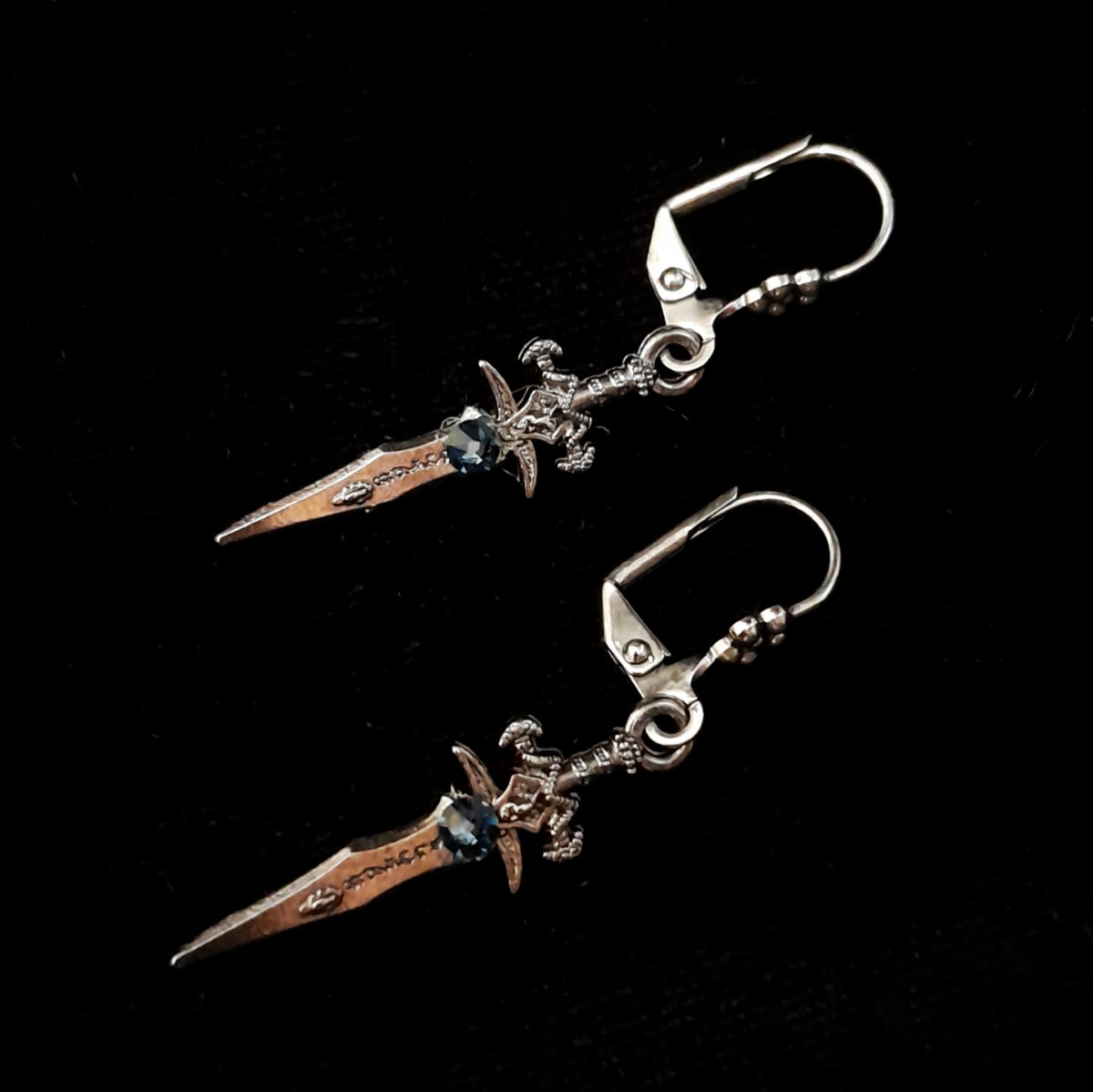 Silver Sword Earrings with Blue Crystals