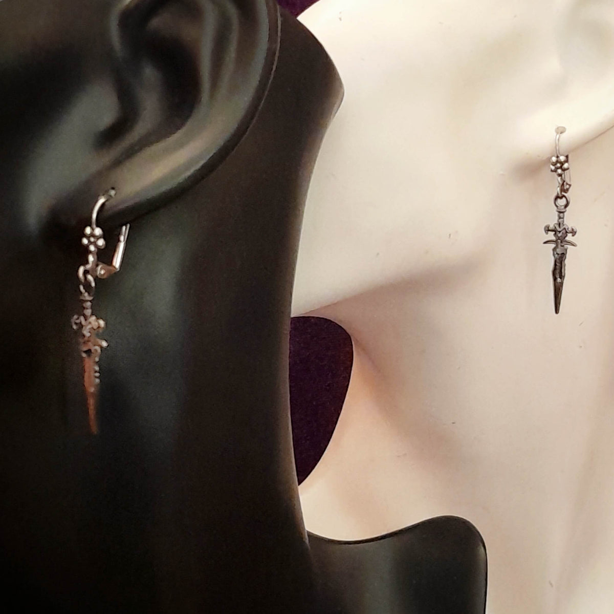 Silver Sword Earrings with Blue Crystals