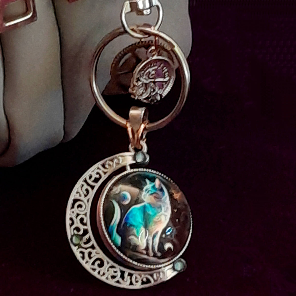 Cat Moon Steampunk Purse Charm Keychain