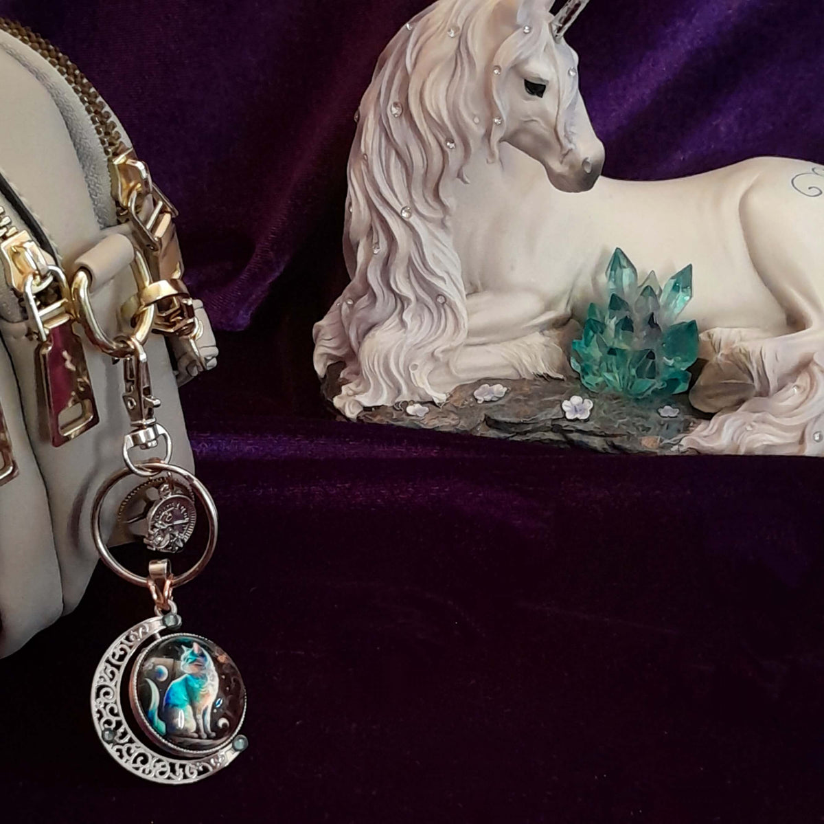 Cat Moon Steampunk Purse Charm Keychain