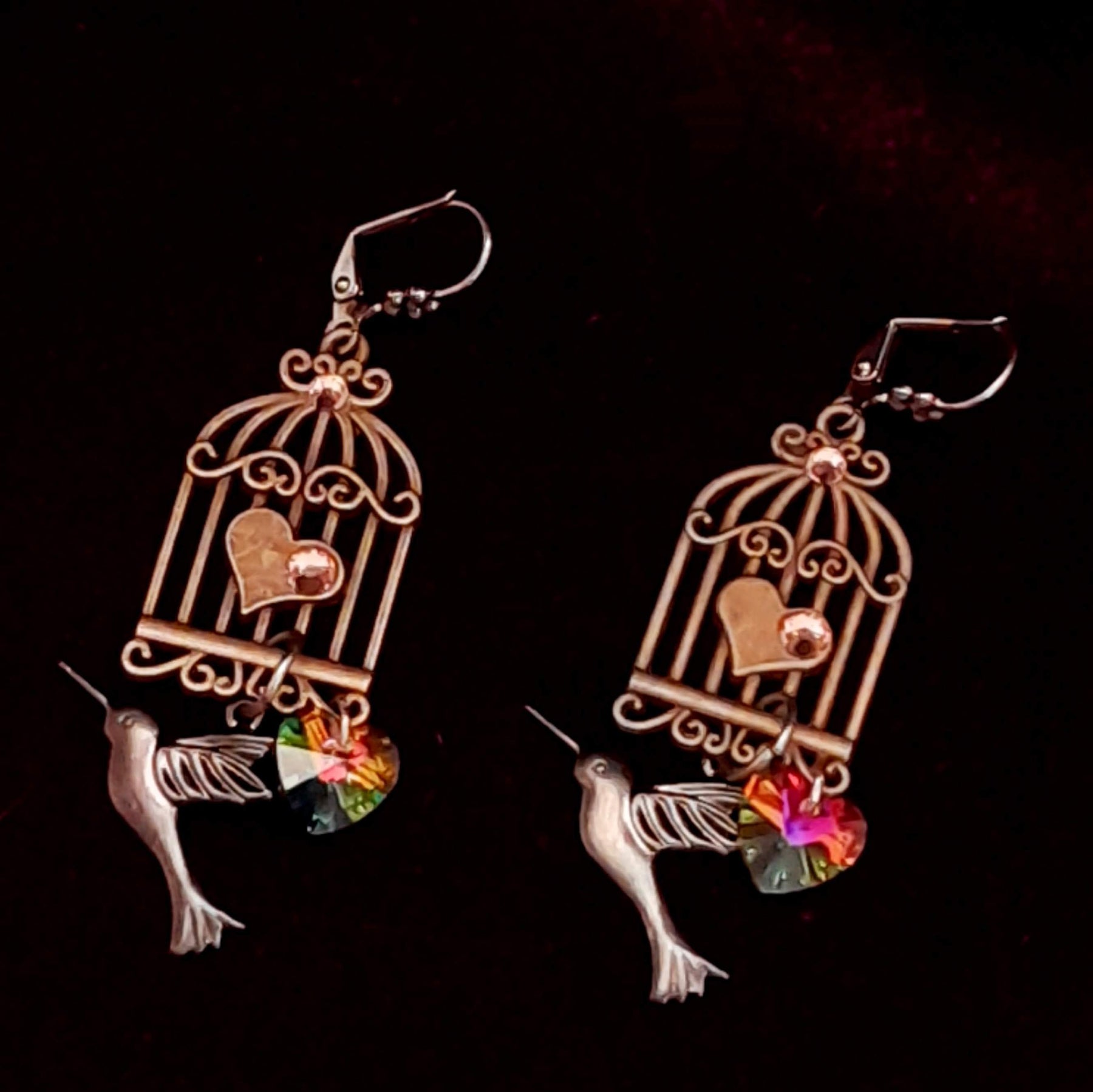 Dangle Earrings Birdcage |Hummingbird Hearts