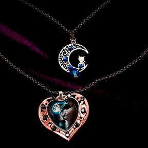 Blue Cat Moon Necklace |Double Layer Hearts