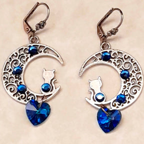 Cat Moon Earrings |Blue Crystal Heart