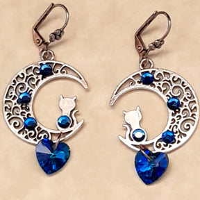 Blue Cat Moon Heart Earrings