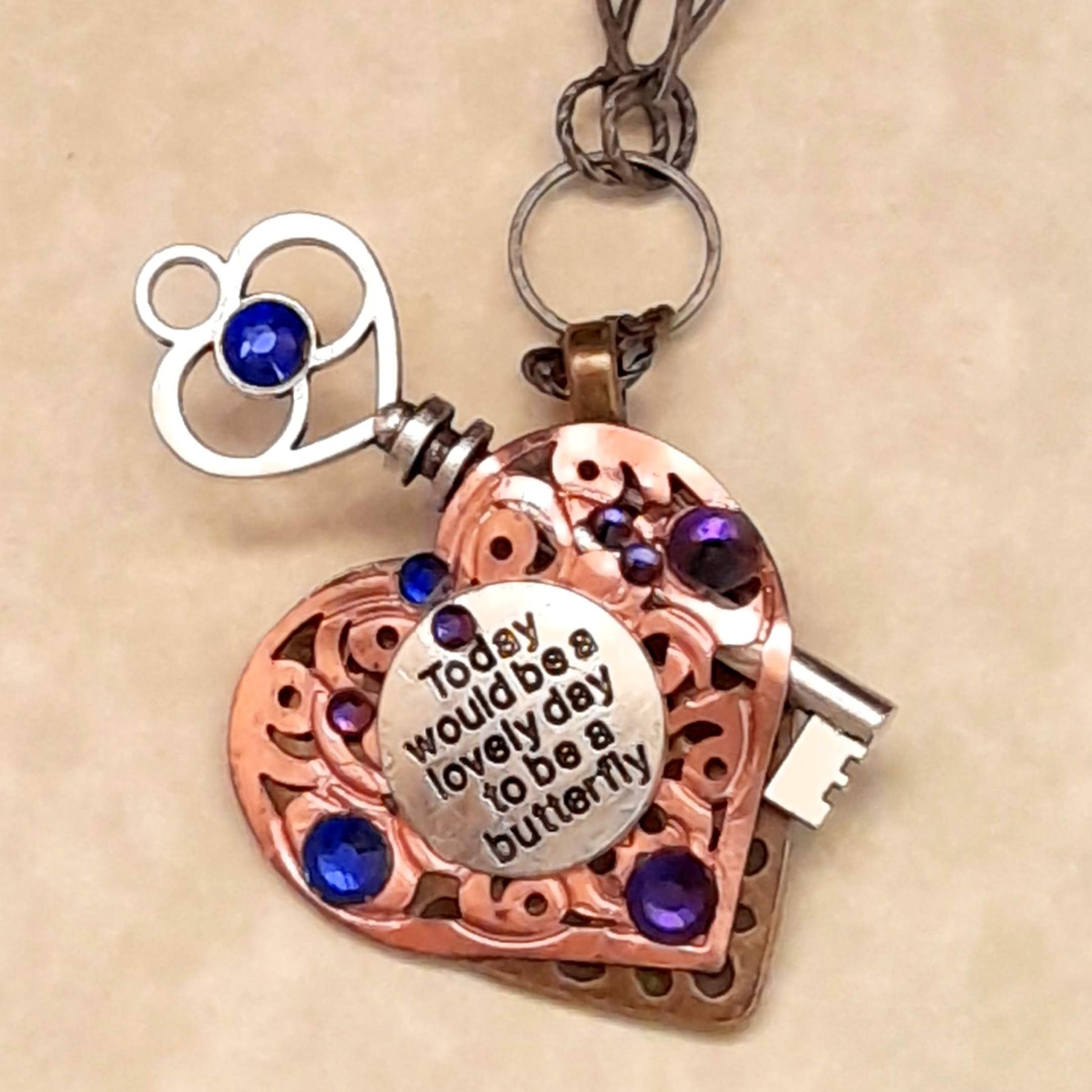 Key Heart Necklace |Purple Crystals