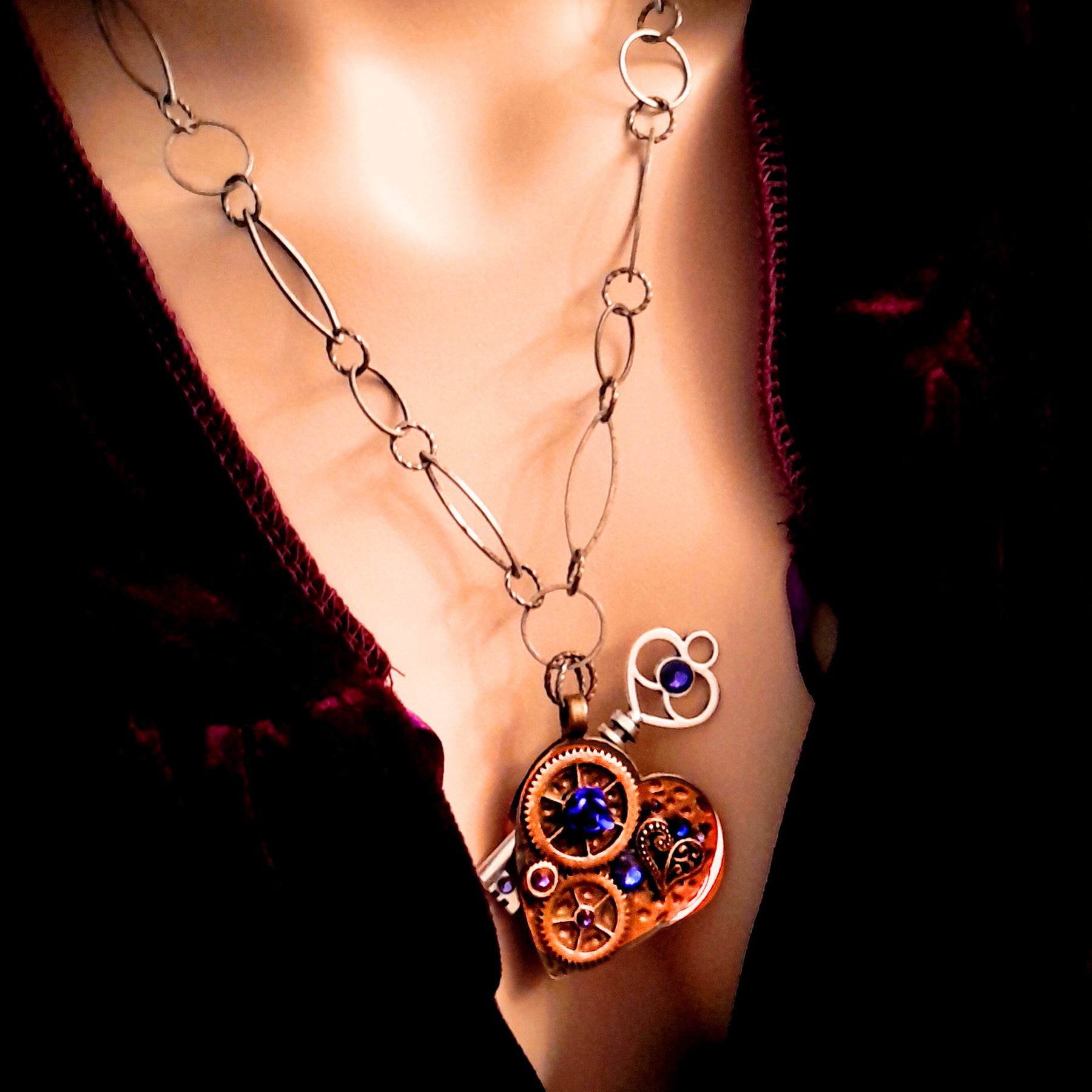 Key Heart Necklace |Purple Crystals