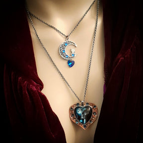 Blue Cat Moon Necklace |Double Layer Hearts