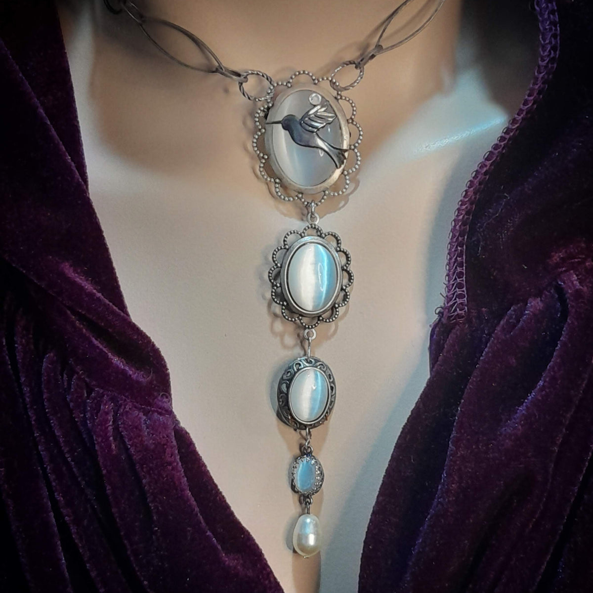 White Cat's Eye Hummingbird Necklace