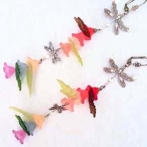 Extra Long Dangle Dragonfly Flower Earrings