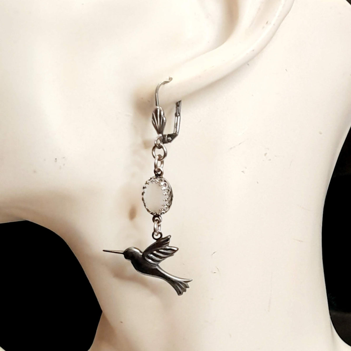 White Cat's Eye Hummingbird Earrings