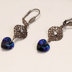Blue Crystal Heart Earrings |Small Dangles