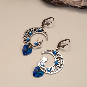Blue Cat Moon Heart Earrings