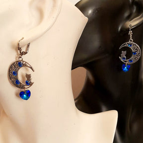 Blue Cat Moon Heart Earrings