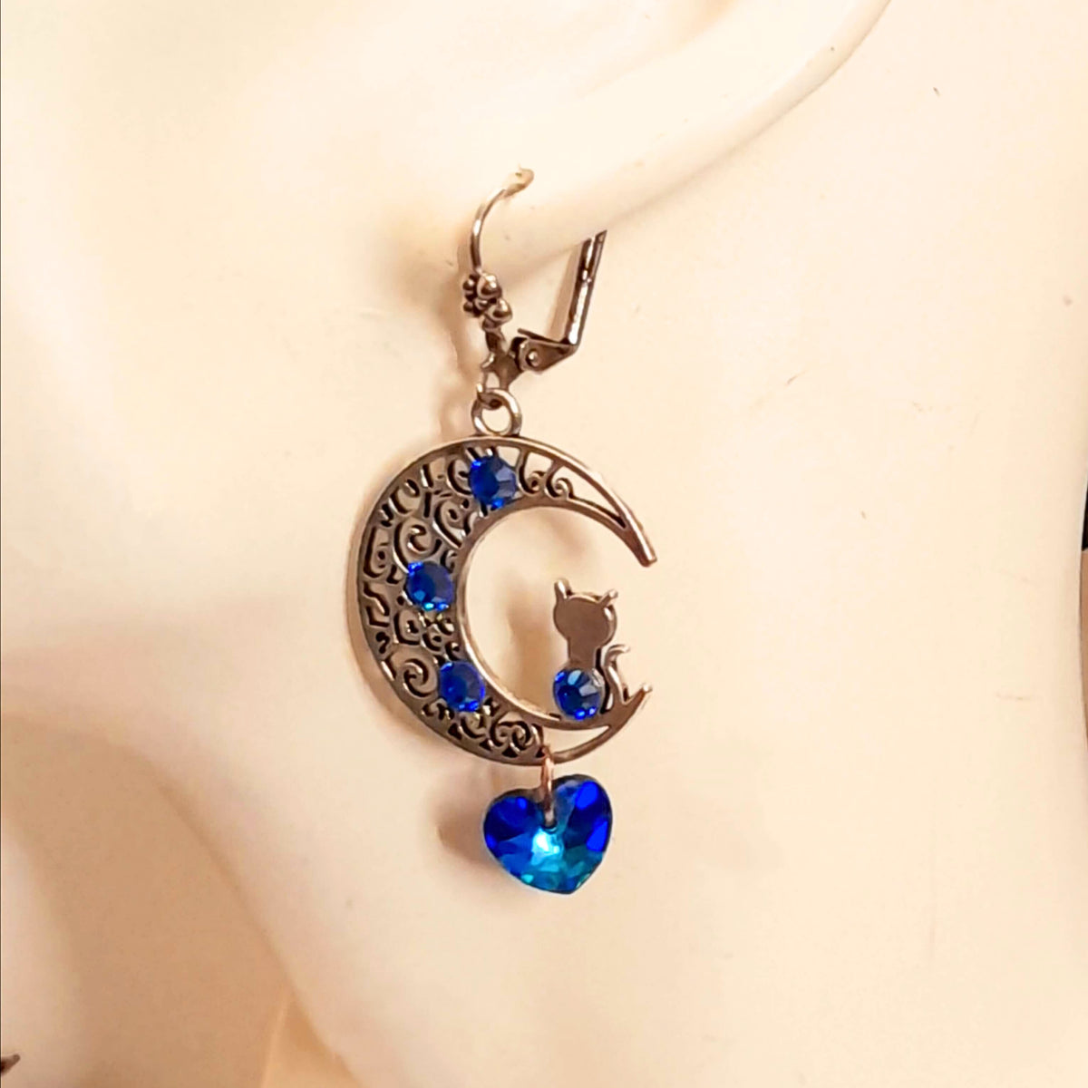 Blue Cat Moon Heart Earrings