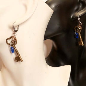 Blue Heart Key Earrings