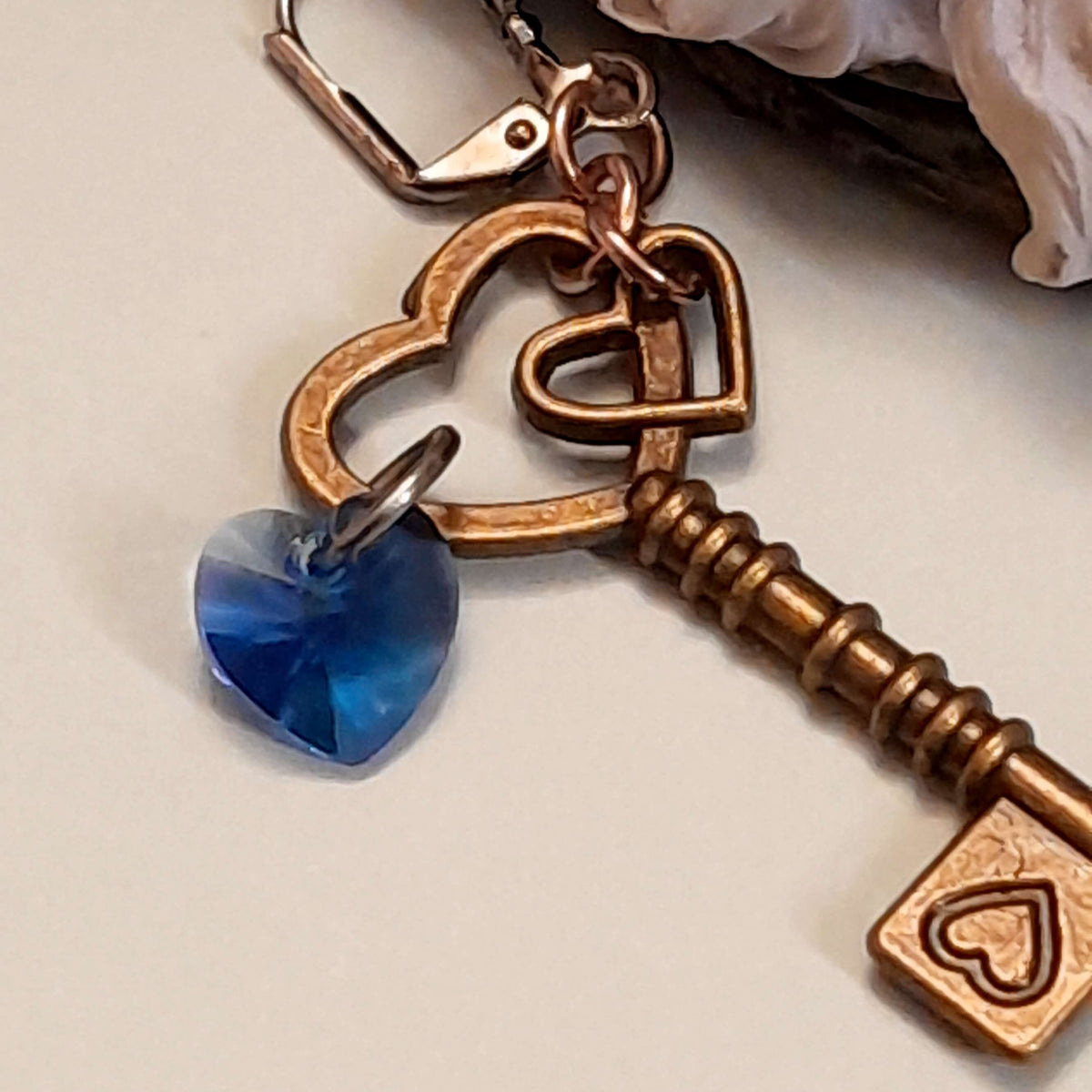 Blue Heart Key Earrings