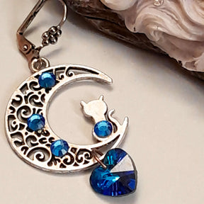 Blue Cat Moon Heart Earrings