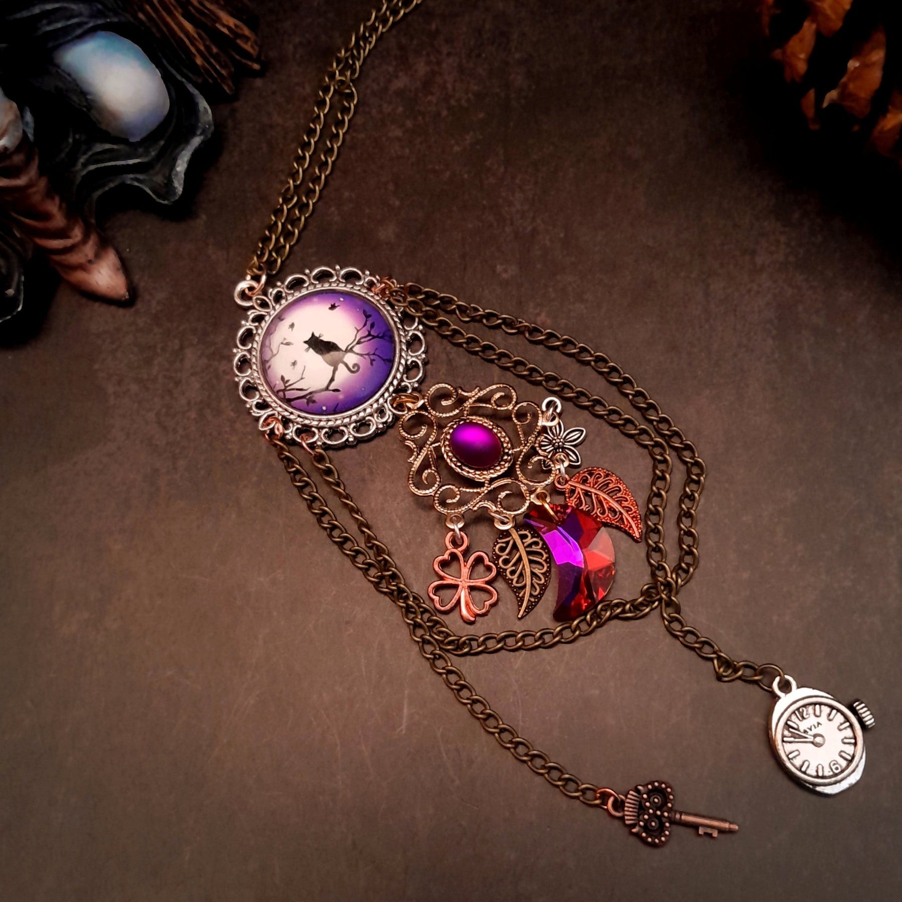 Purple Cat Moon Long Necklace