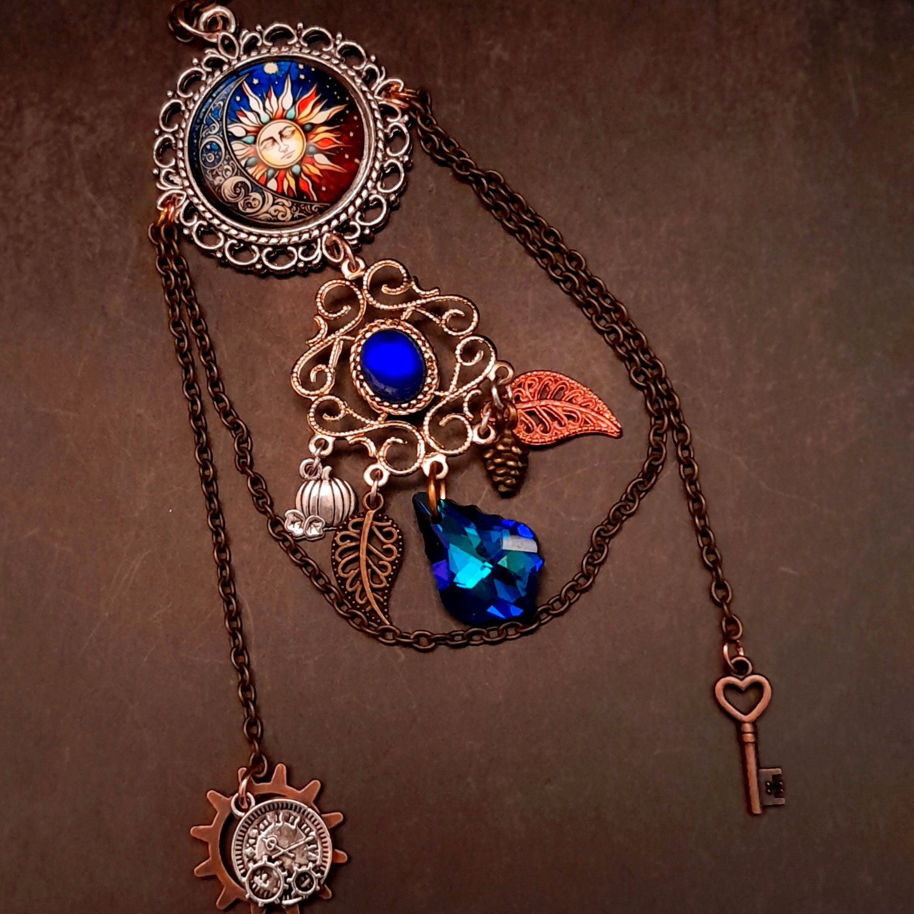 Blue Long Necklace Boho Moon and Sun
