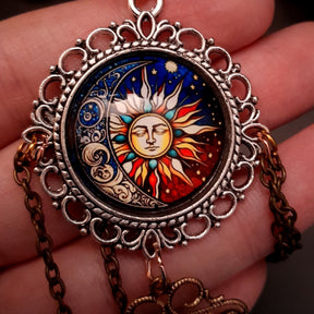 Blue Long Necklace Boho Moon and Sun