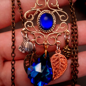 Blue Long Necklace Boho Moon and Sun