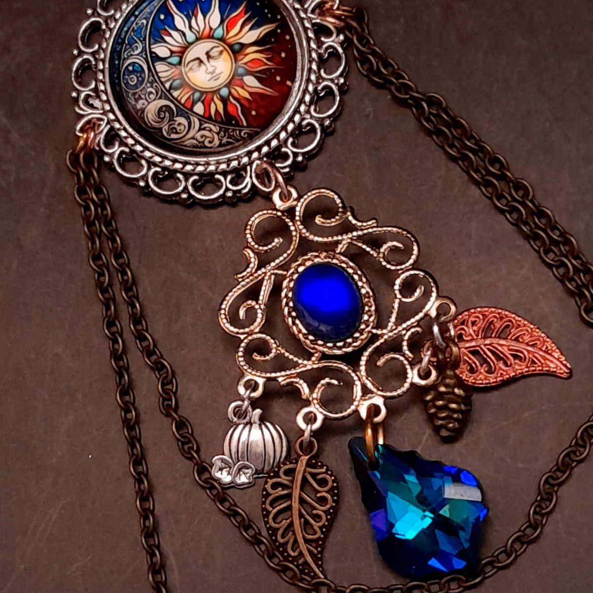 Blue Long Necklace Boho Moon and Sun