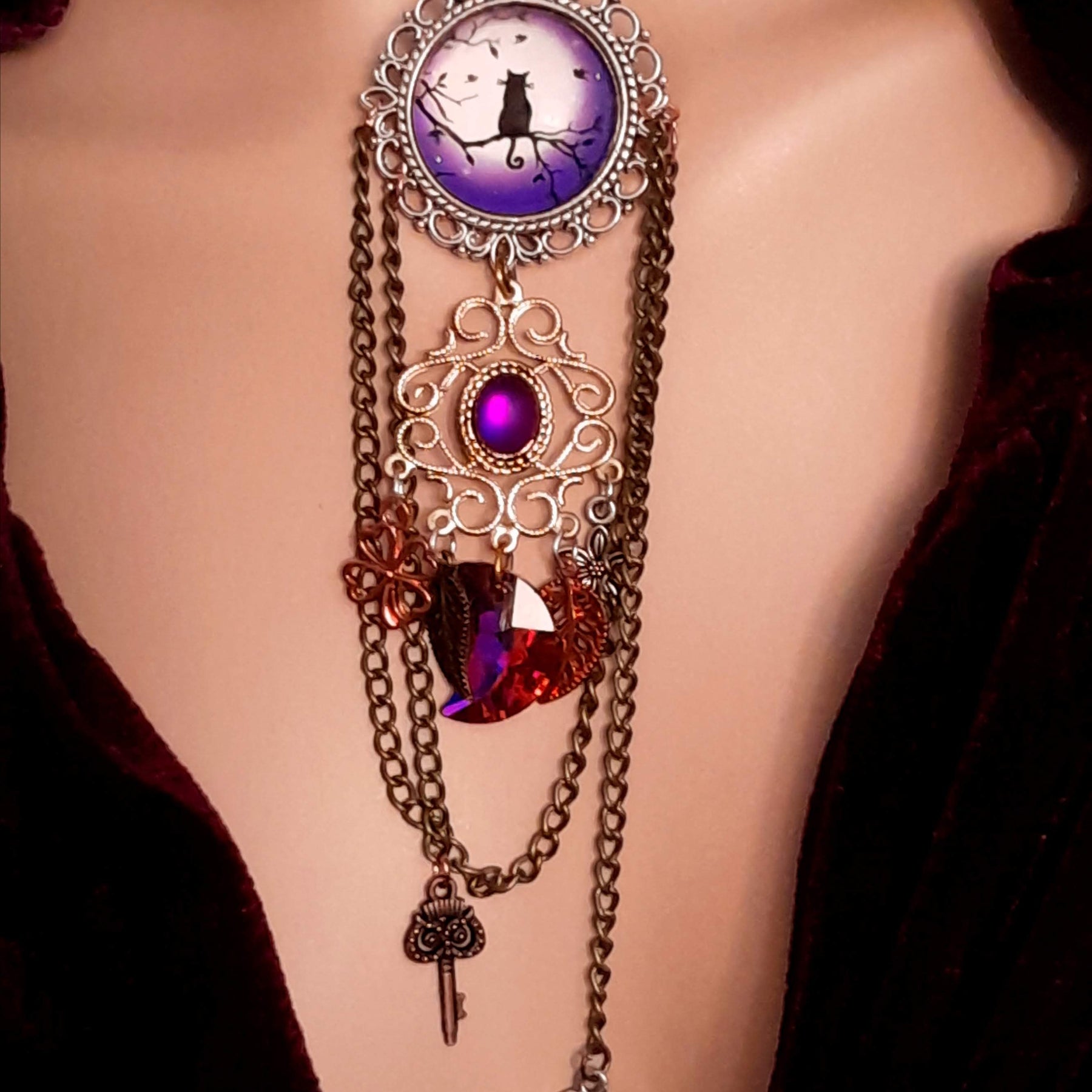 Purple Cat Moon Long Necklace