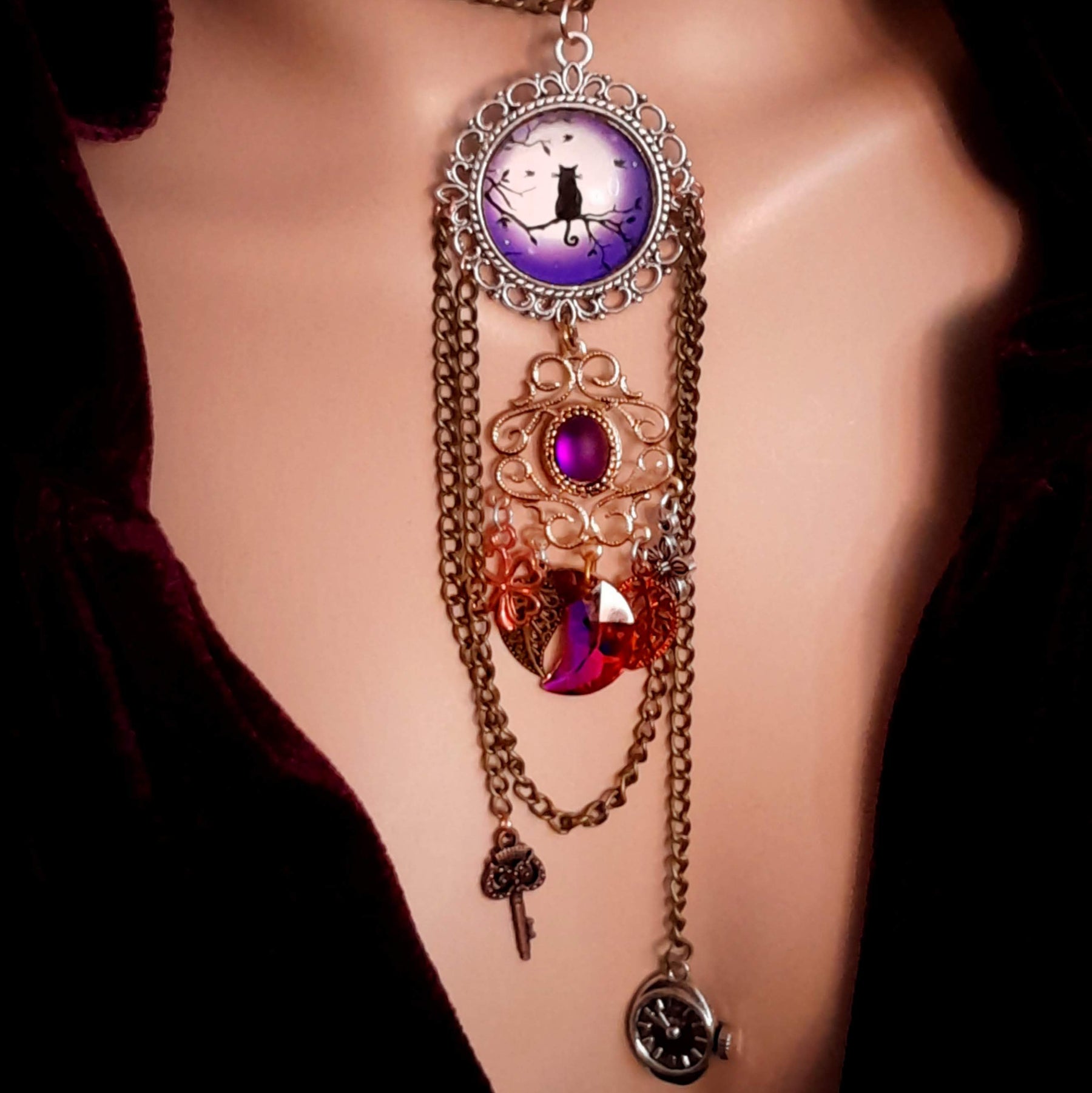 Purple Cat Moon Long Necklace