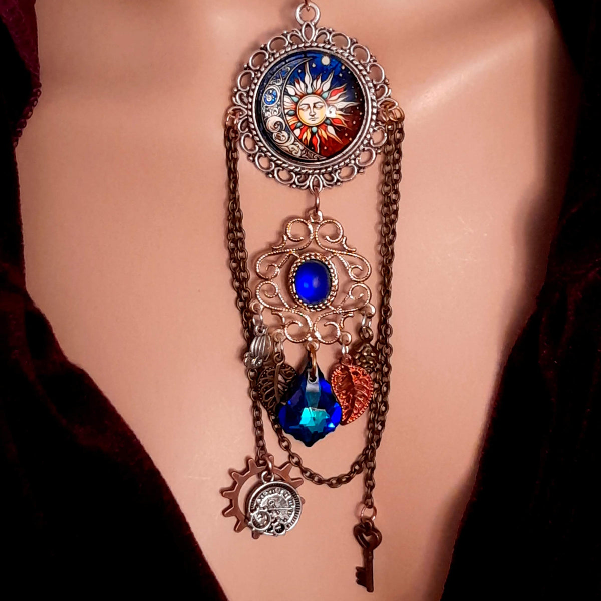 Blue Long Necklace Boho Moon and Sun