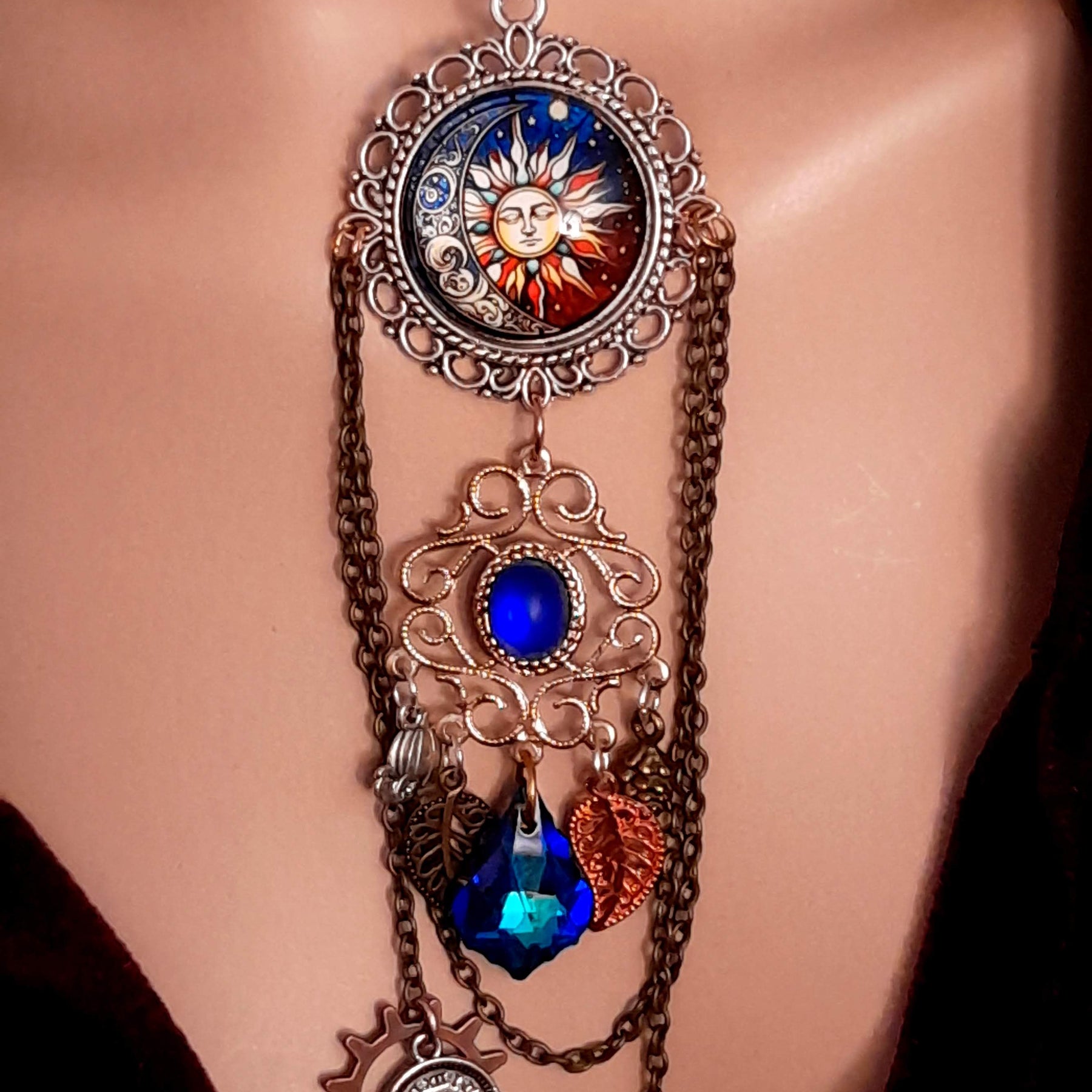 Blue Long Necklace Boho Moon and Sun