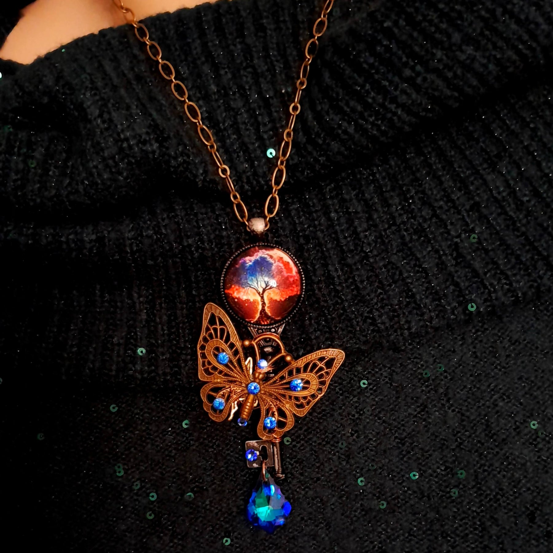 Blue Crystal Butterfly Boho Necklace