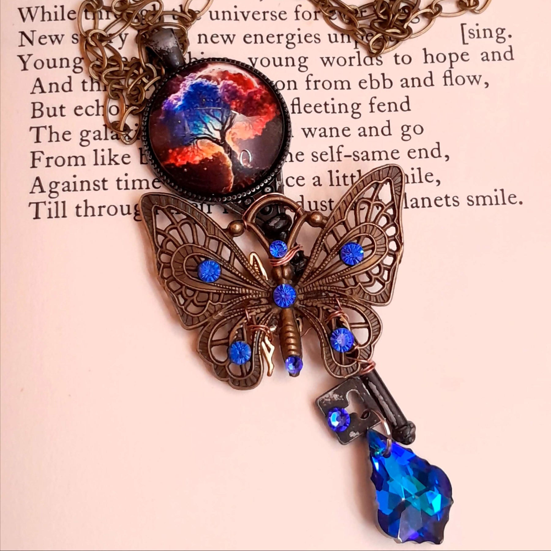 butterfly tree blue crystal necklace