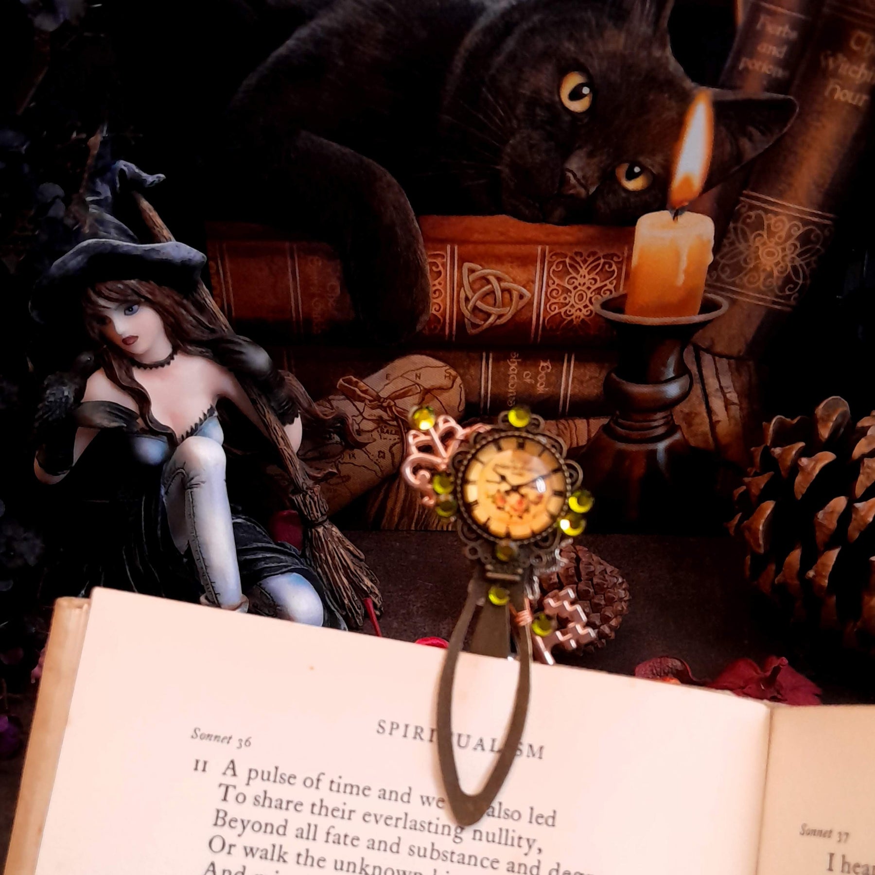 bookmark with clock cabocon key rose swarovski crystals magical