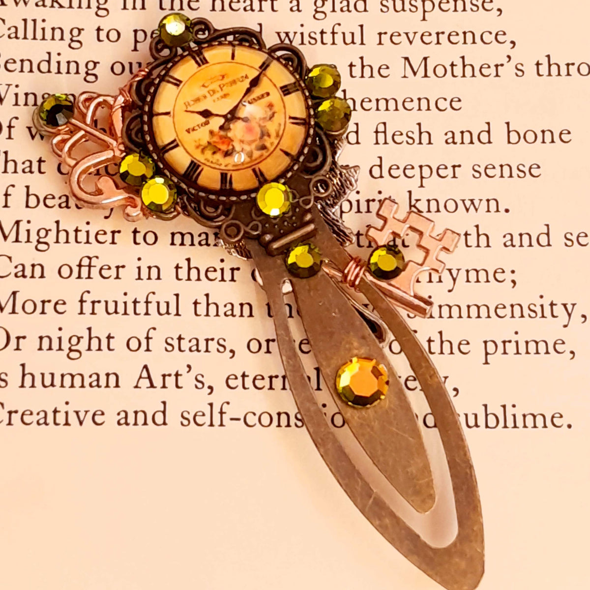 bookmark with clock cabhocon key rose swarovski crystals
