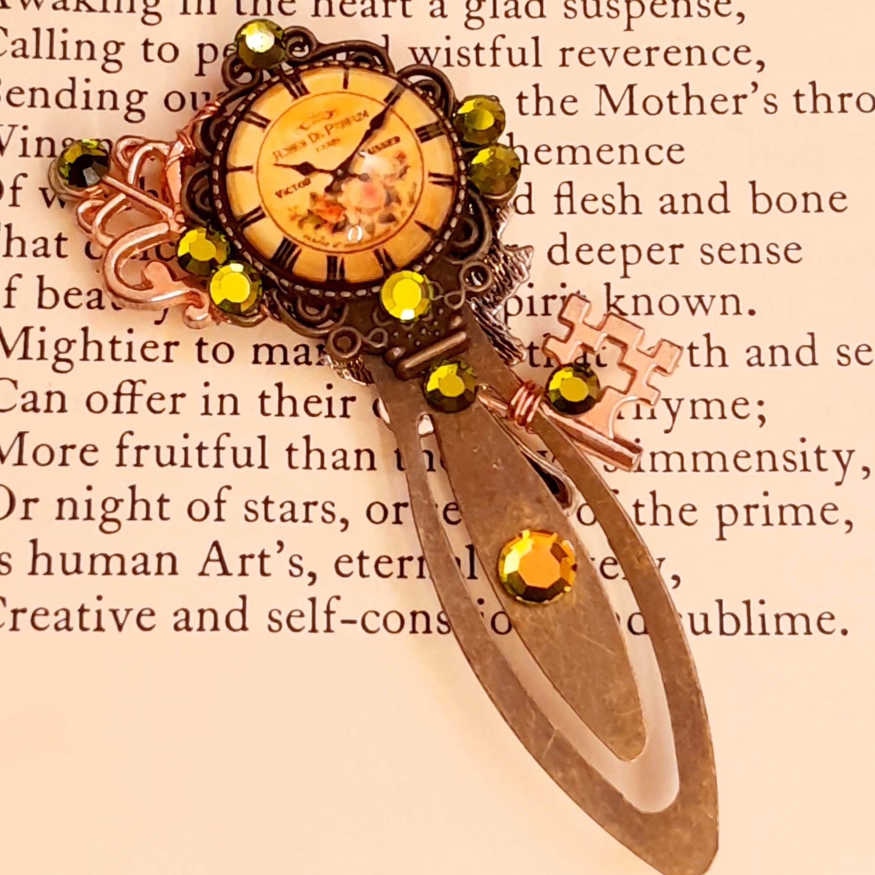 bookmark with clock cabhocon key rose swarovski crystals