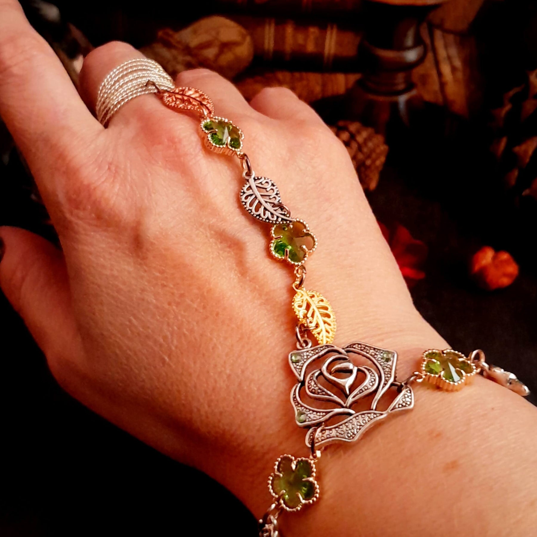 Hand Chain Green Crystals Flowers Leaves