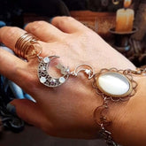 Hand chain bracelet with moon and star and cat white crystals