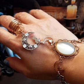 Hand chain bracelet with moon and star and cat white crystals