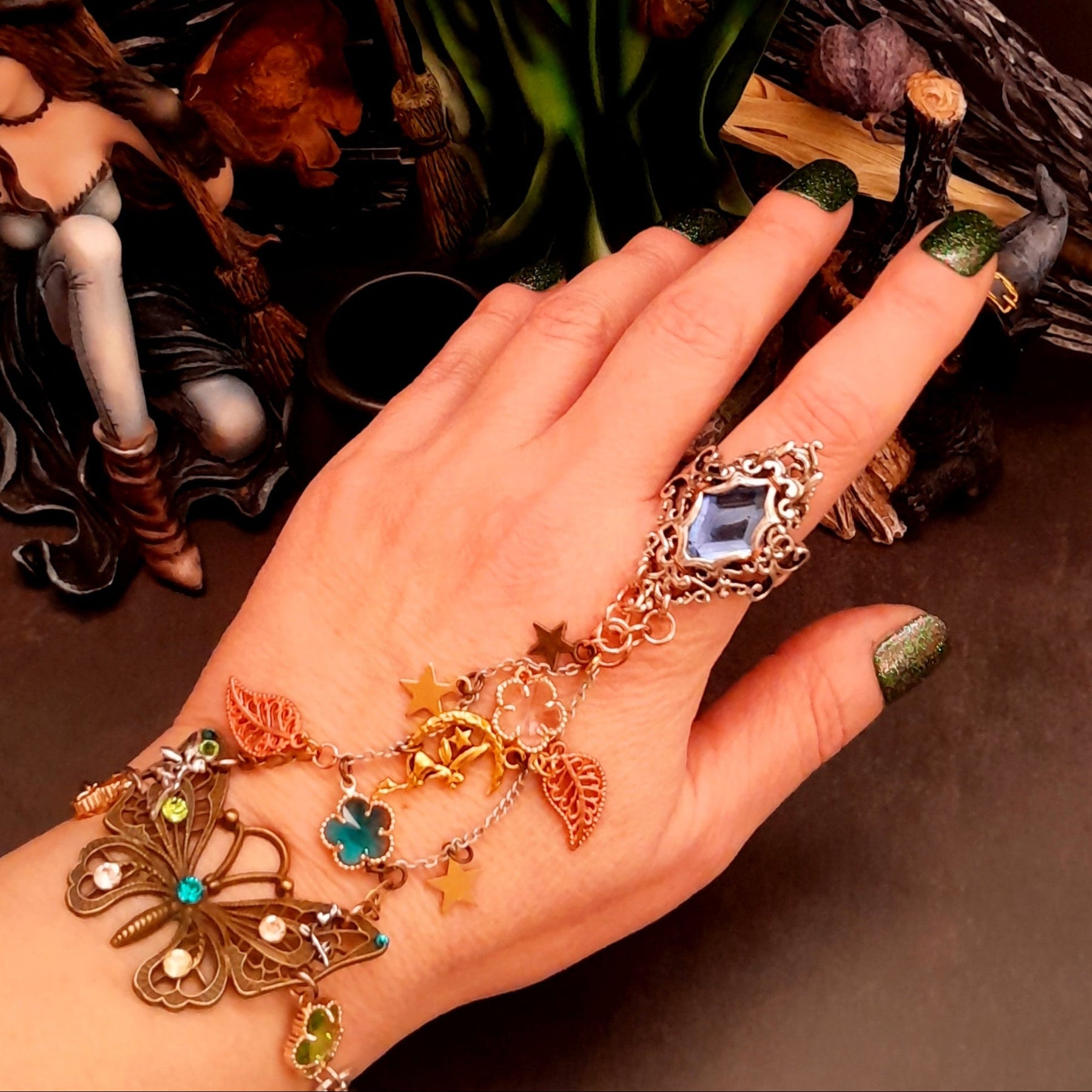 slave bracelet hand chain magical fantasy swarovski crystals butterfly fairy magical