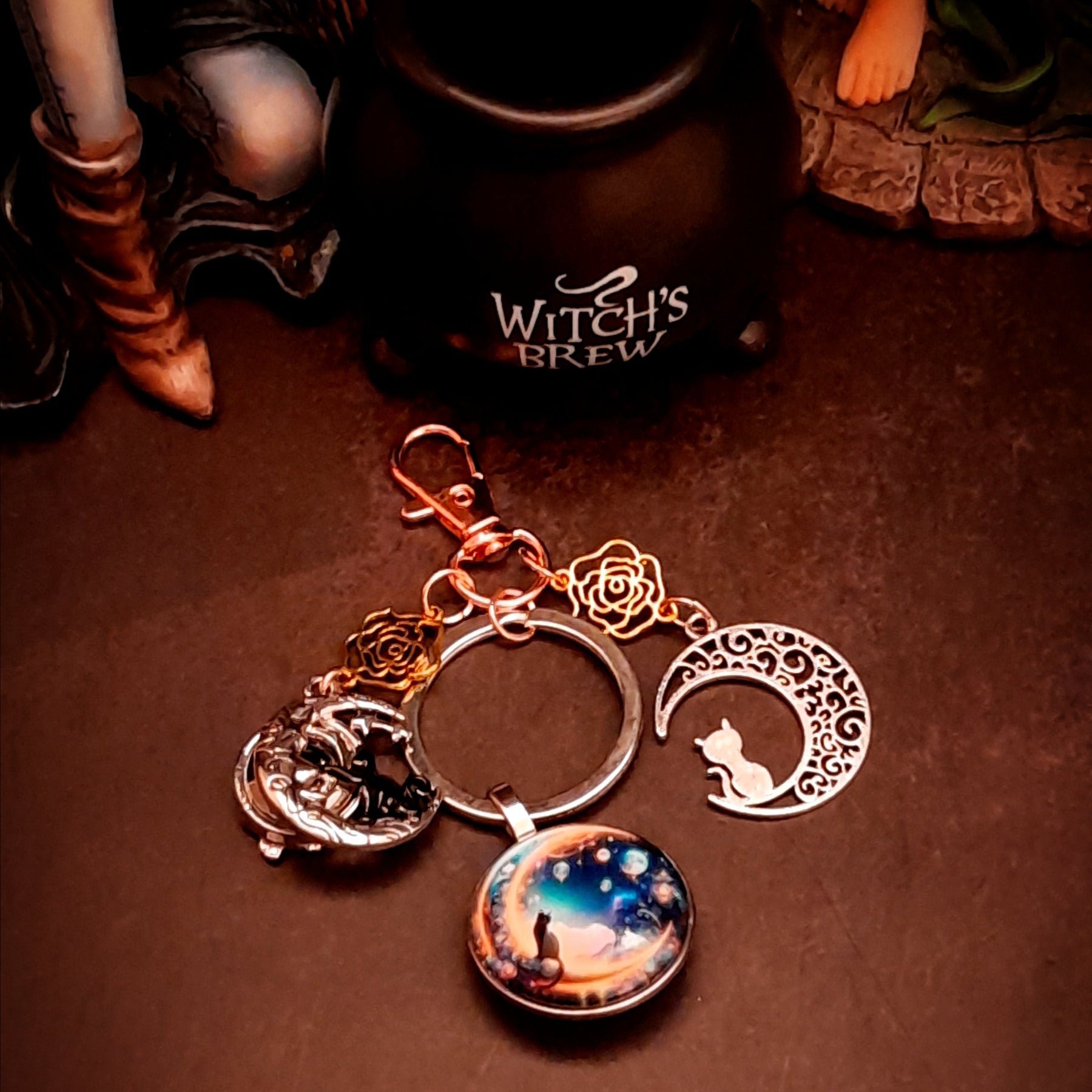 purse charm key chain zipper pull cat moon lover magical fantasy accessories