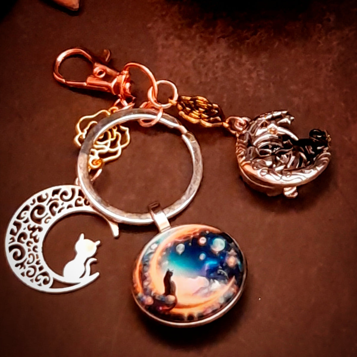 purse charm key chain zipper pull cat moon lover
