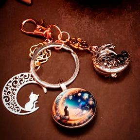 purse charm key chain zipper pull cat moon lover