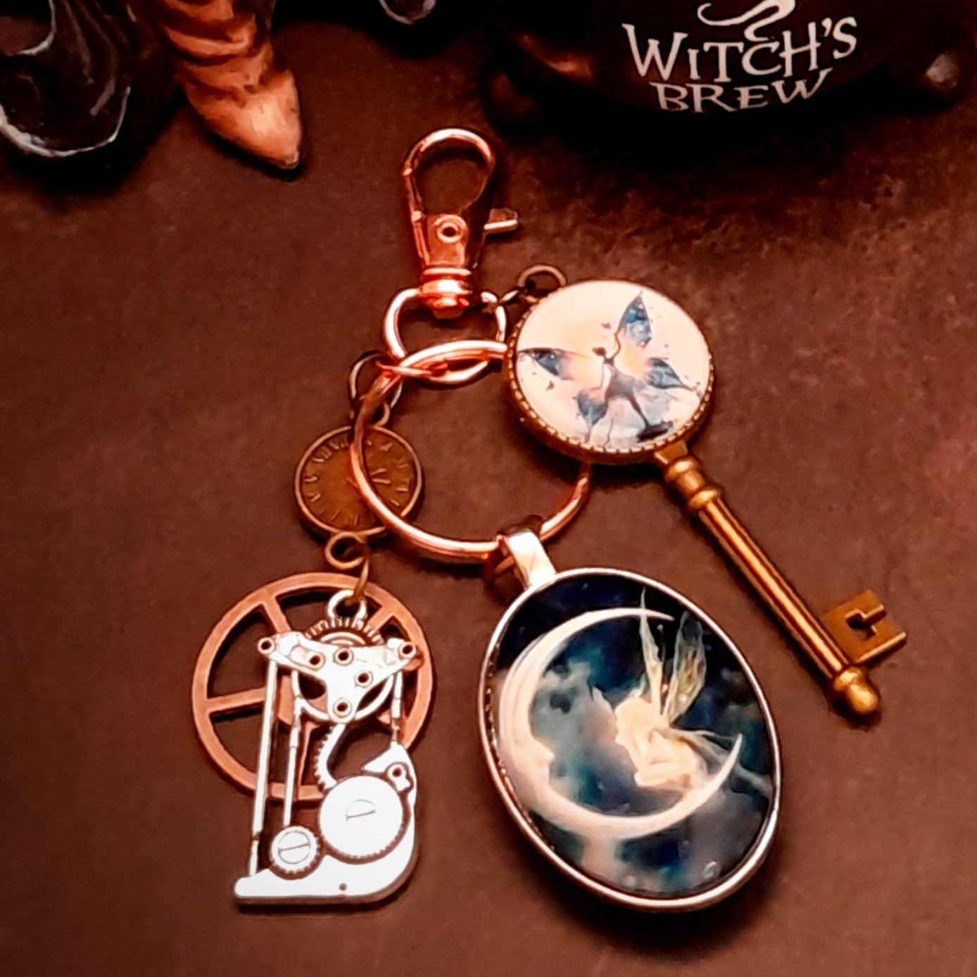purse charm key chain charm zipper pull moon fairy steampunk