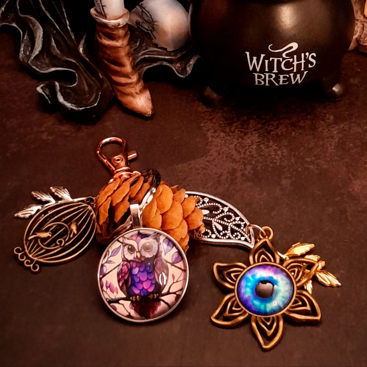 purse charm key chain zipper pull owl magical fantasy birdcage leaves