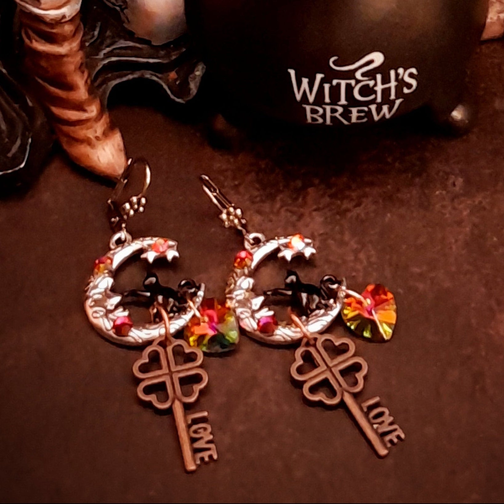 swarovski crystal earrings dangle cat moon keys