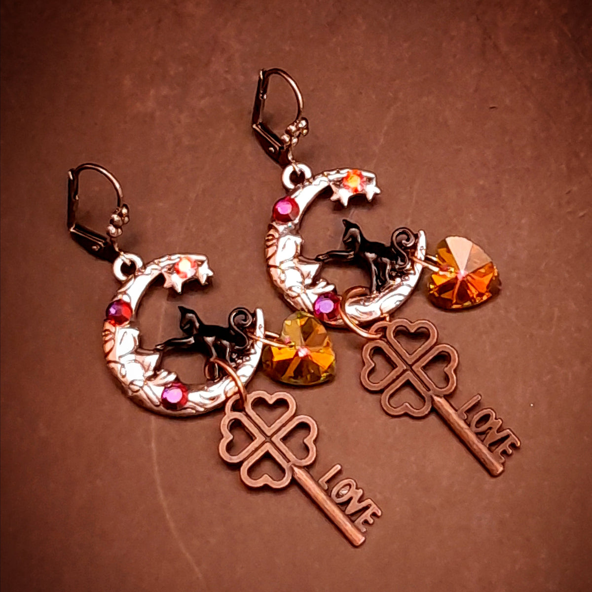 swarovski crystal earrings dangle black cat moon