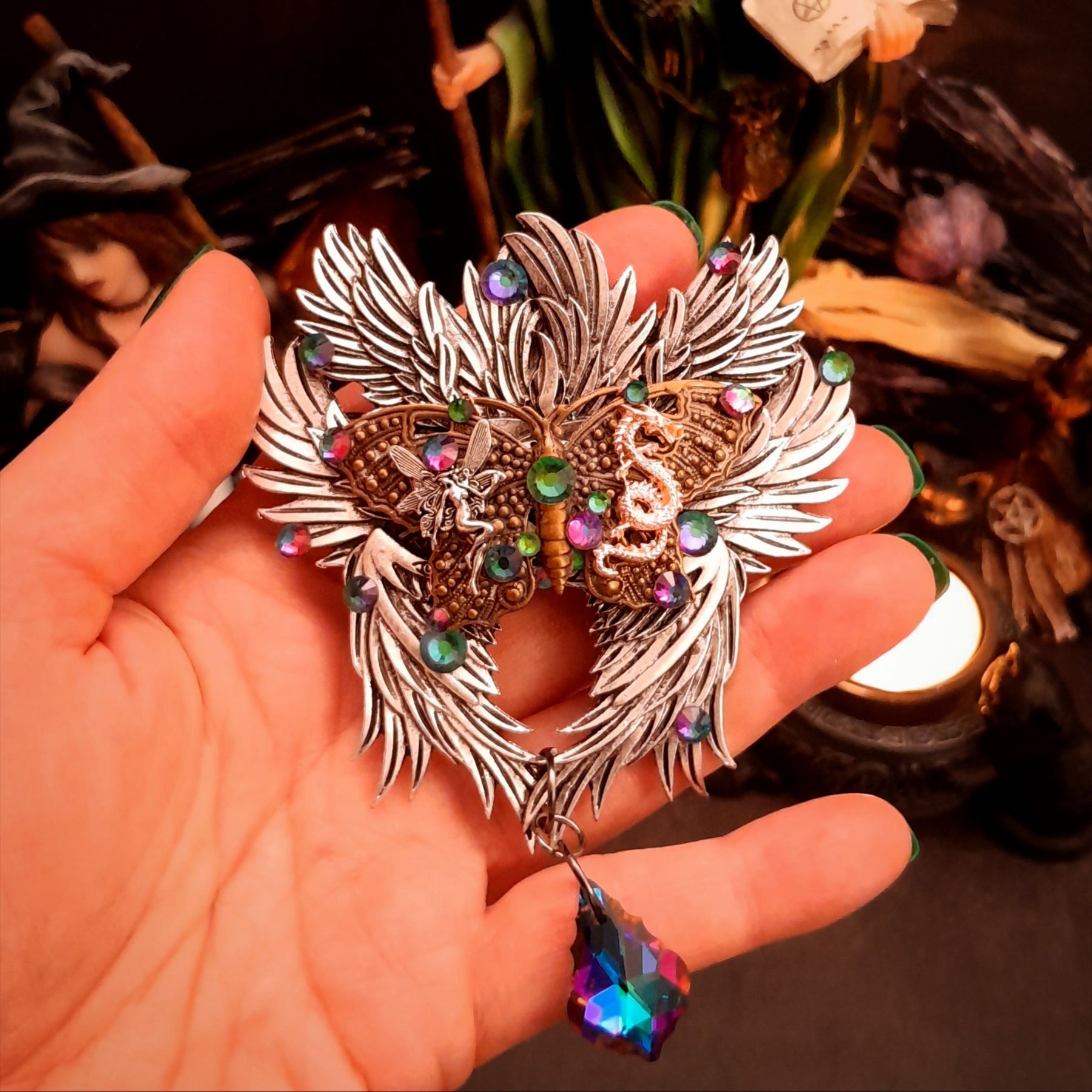 swarovski crystal statement hair clip fantasy magic fairy dragon