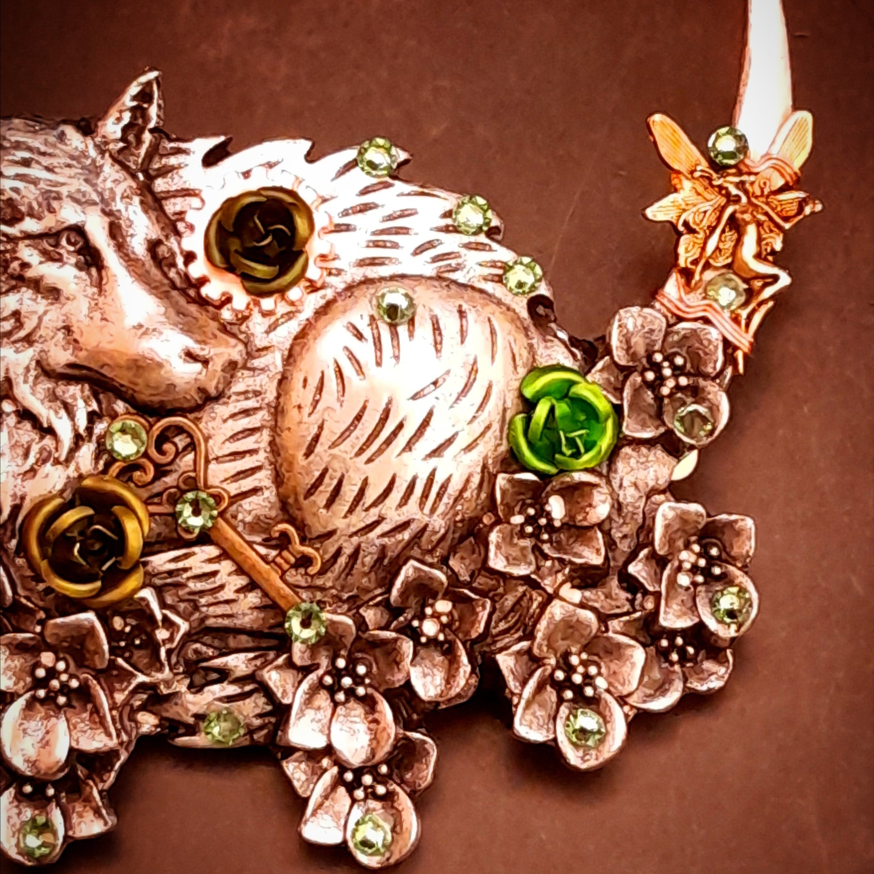 wolf hairclip swarovski crystals rose fairy magical hair jewelry floral