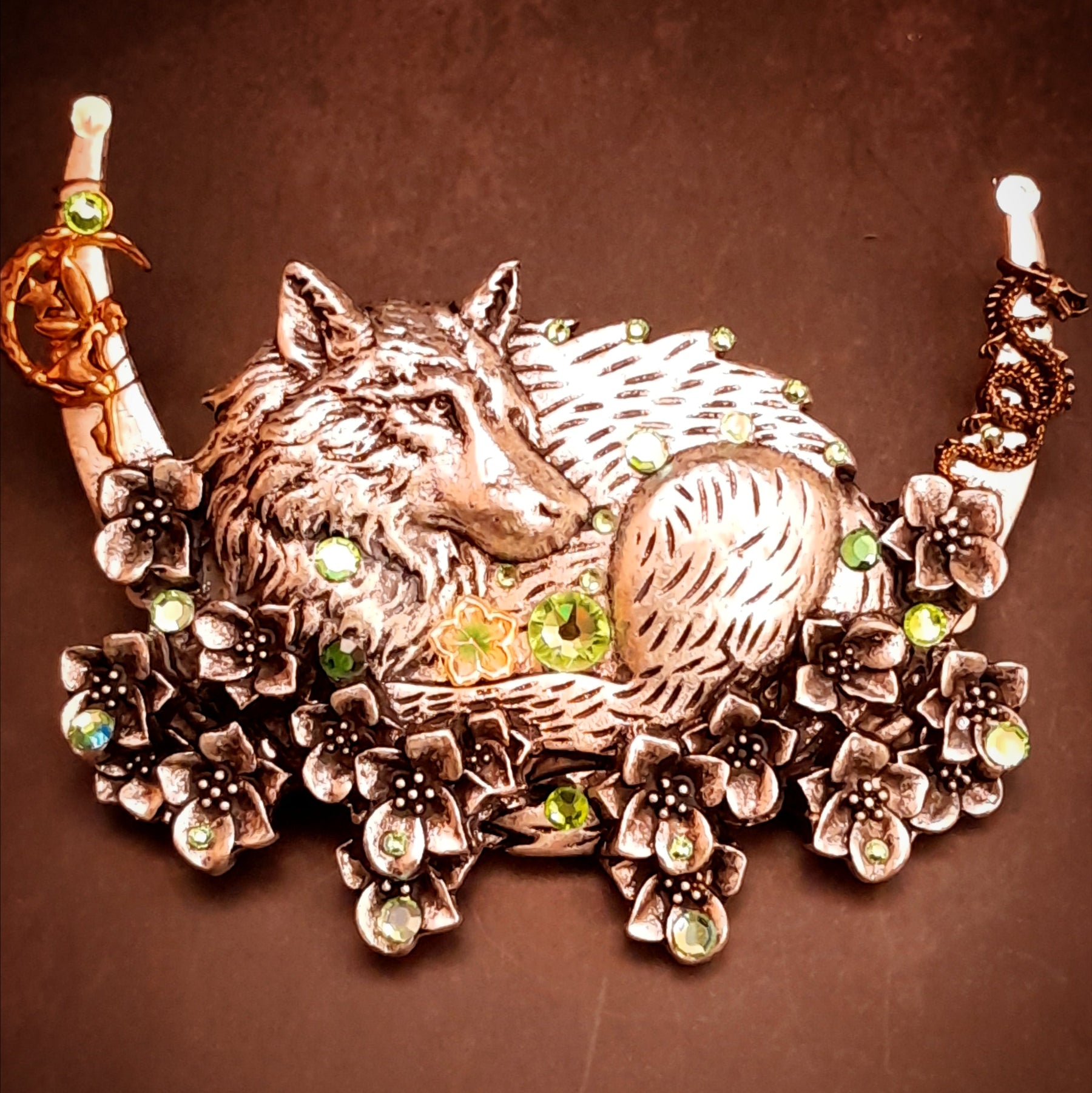 wolf hair clip swarovski crystals green 