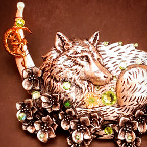 wolf hair clip swarovski crystals green fairy on moon magical hair jewelry